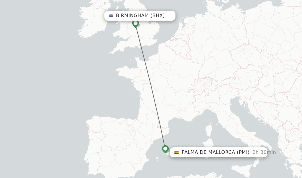 Flights from Birmingham to Palma de Mallorca route map