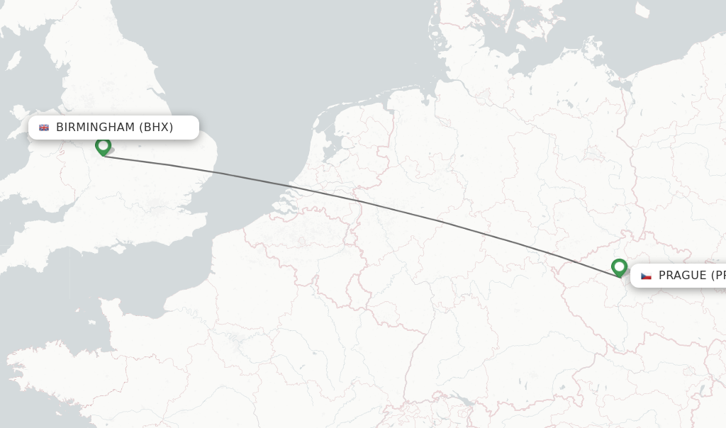 Flights from Birmingham to Prague route map