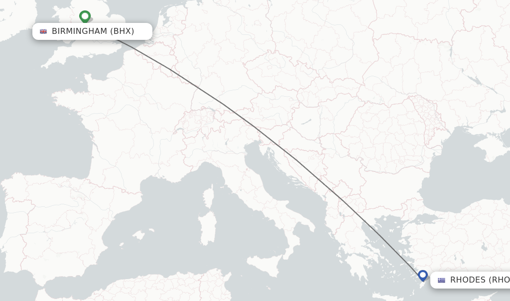 Flights from Birmingham to Rhodes route map