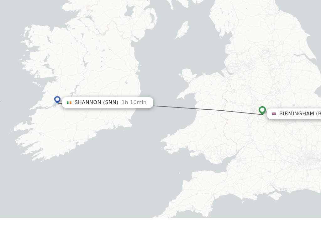 Flights from Birmingham to Shannon route map