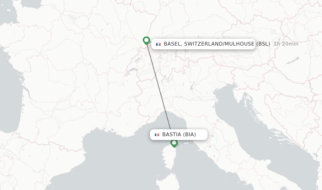 Flights from Bastia to Basel, Switzerland/Mulhouse route map
