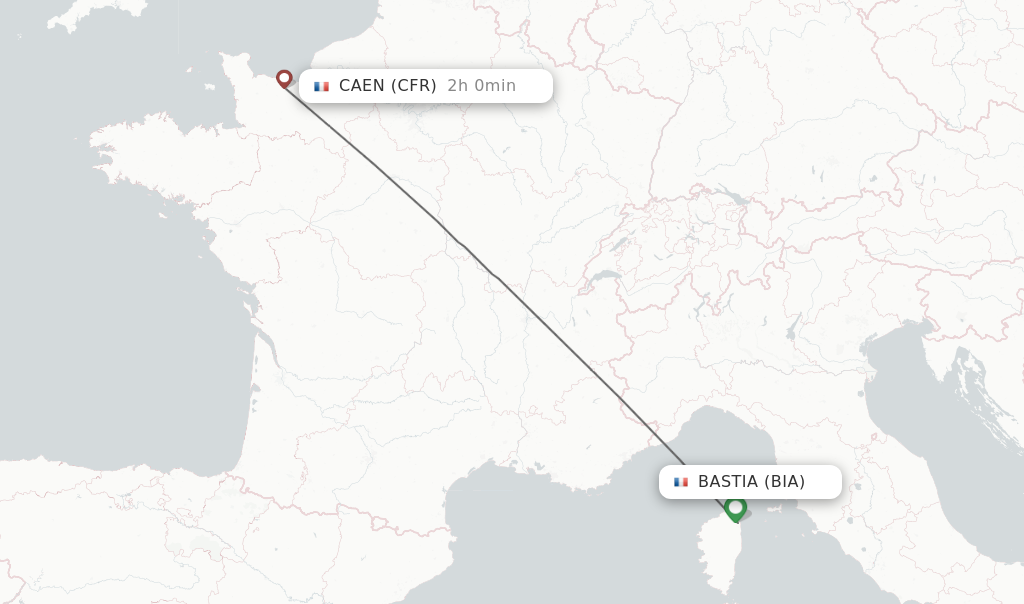 Flights from Bastia to Caen route map