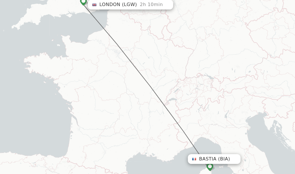 Flights from Bastia to London route map