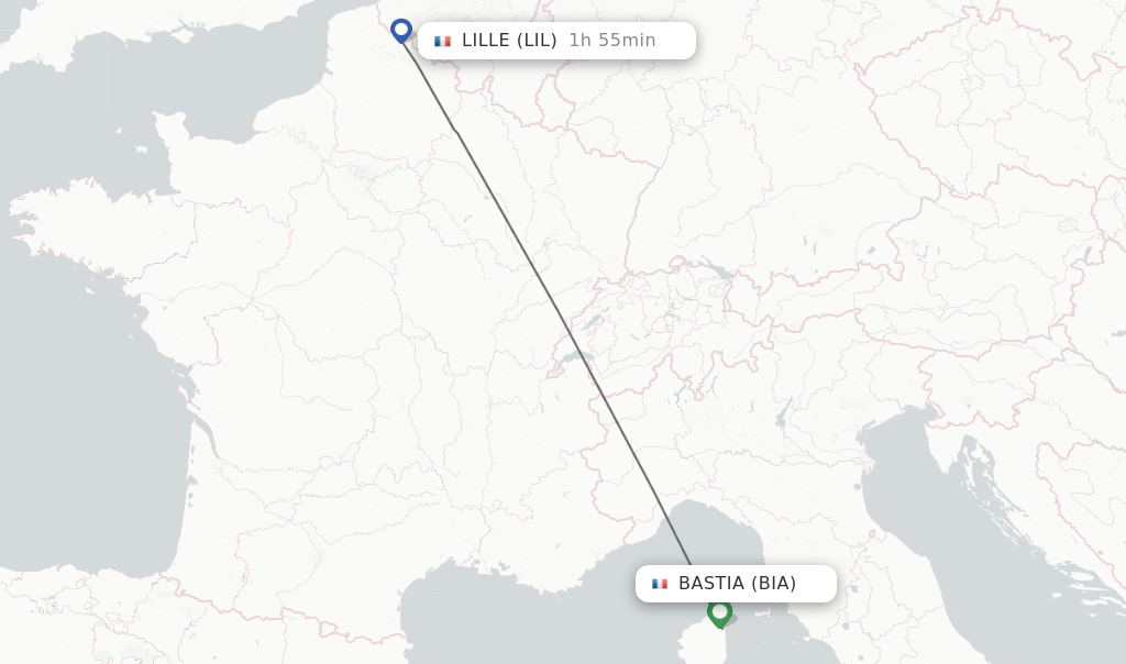 Flights from Bastia to Lille route map