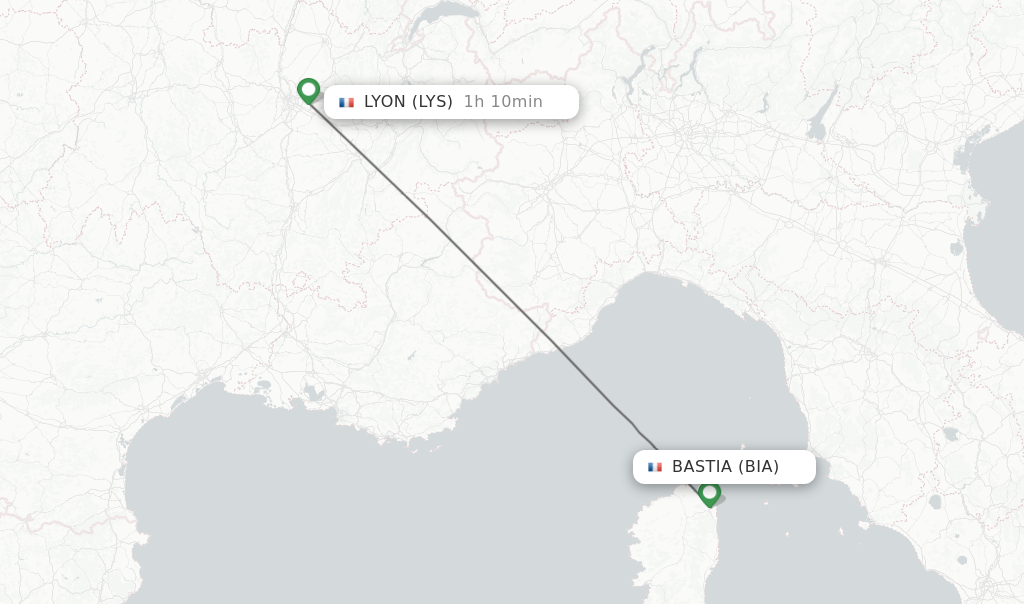 Flights from Bastia to Lyon route map