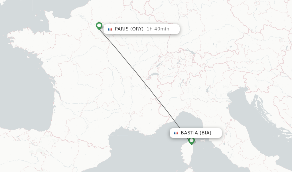 Flights from Bastia to Paris route map