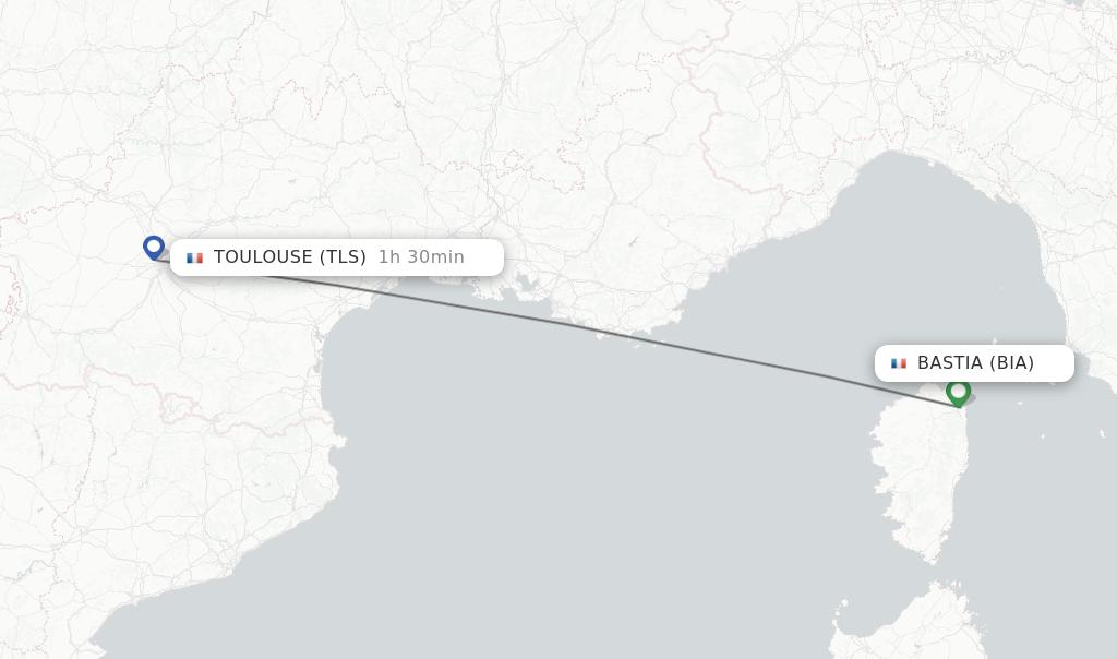 Flights from Bastia to Toulouse route map
