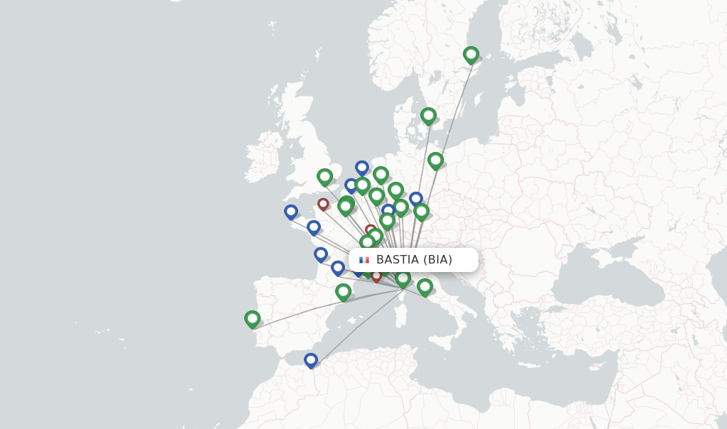 Flights from Bastia to Rodez route map