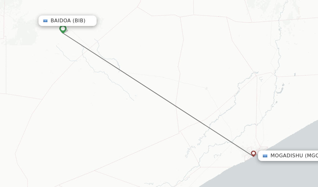 Flights from Mogadishu to Baidoa route map