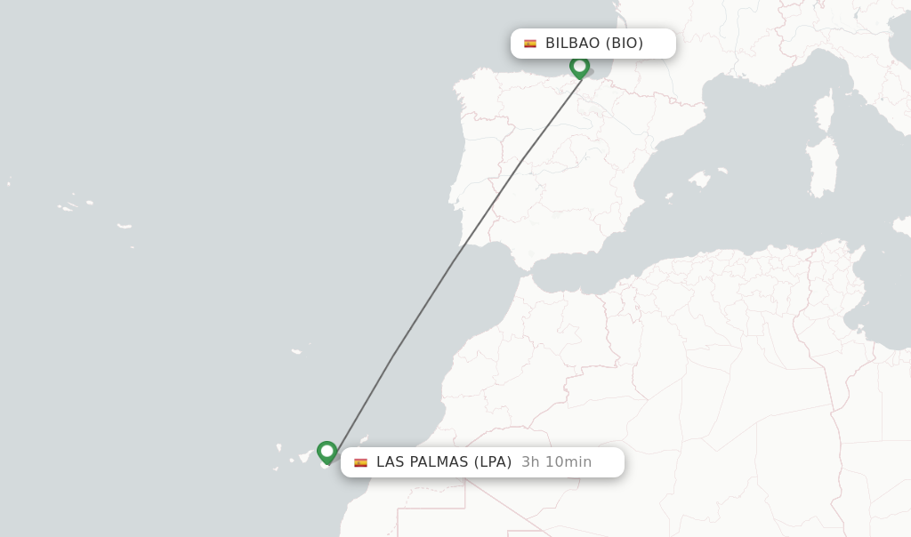 Flights from Bilbao to Las Palmas route map