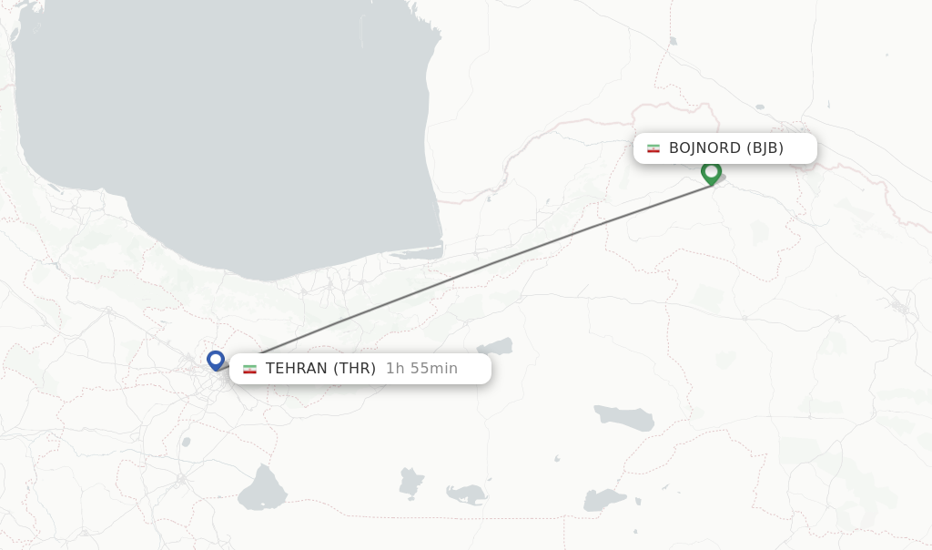 Flights from Bojnord to Tehran route map