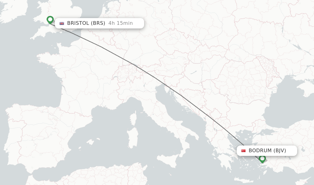 Flights from Bodrum to Bristol route map