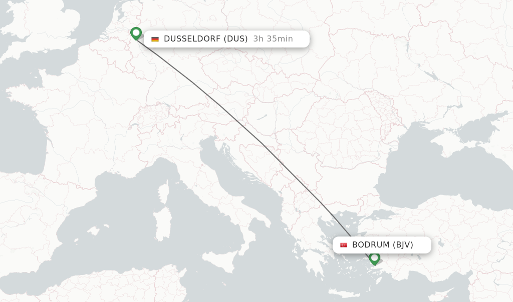 Flights from Bodrum to Dusseldorf route map