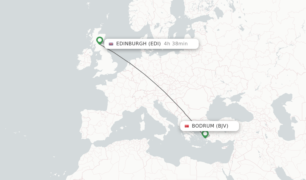 Flights from Bodrum to Edinburgh route map