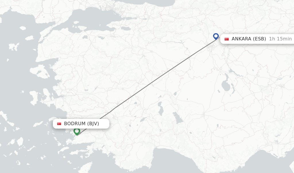 Flights from Bodrum to Ankara route map