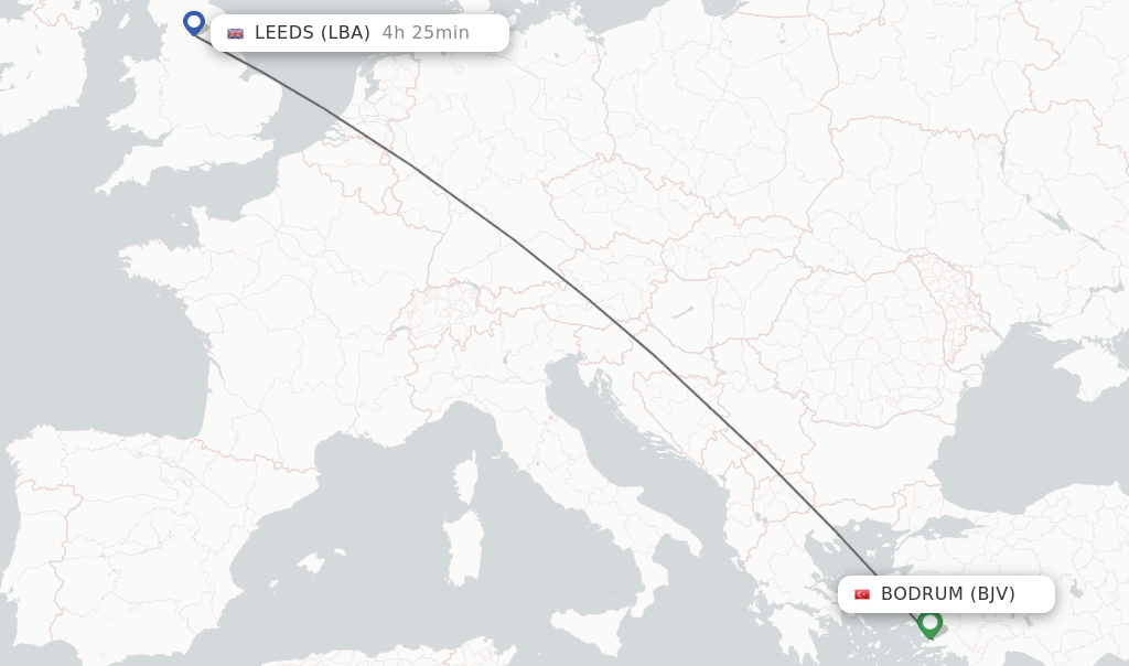 Flights from Bodrum to Leeds route map