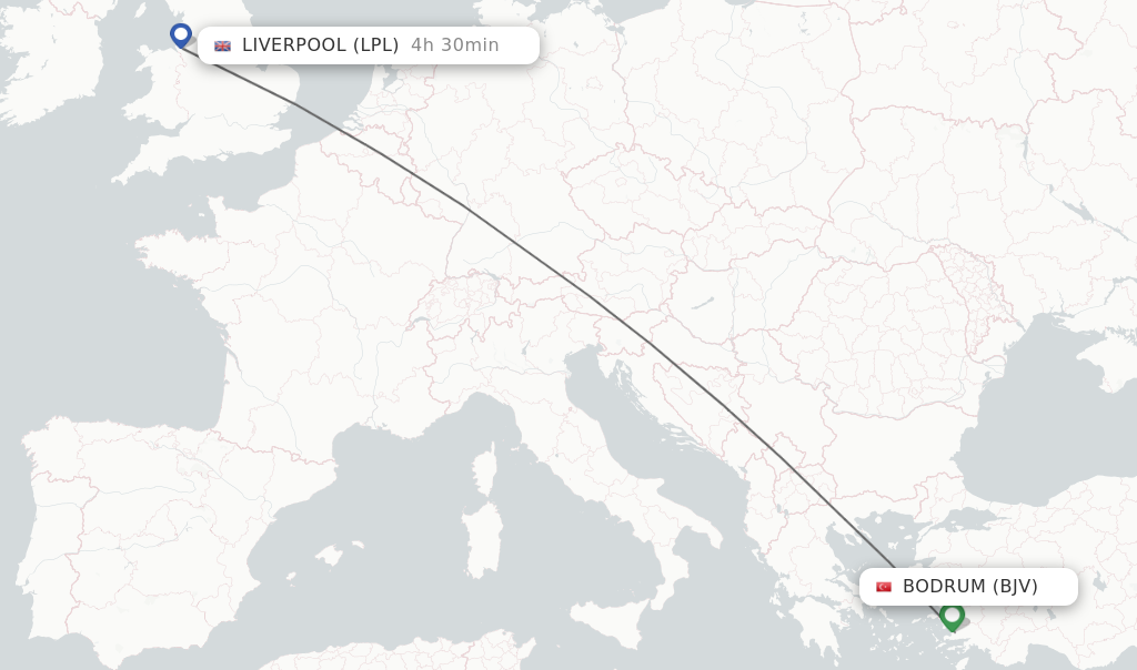 Flights from Bodrum to Liverpool route map
