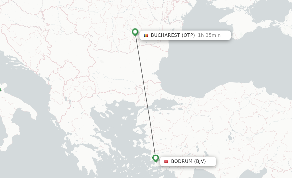 Flights from Bodrum to Bucharest route map