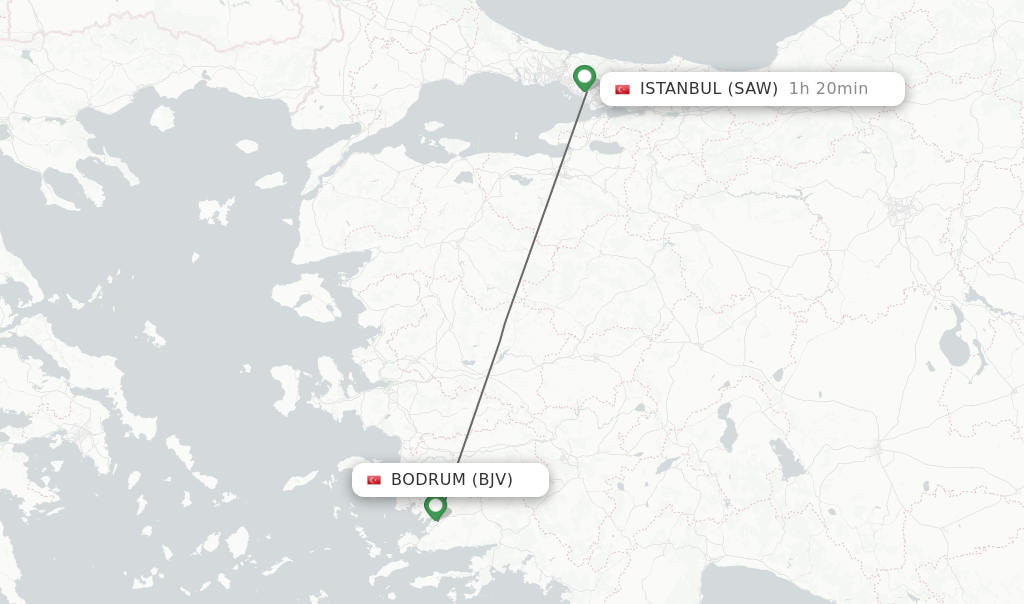 Flights from Bodrum to Istanbul route map