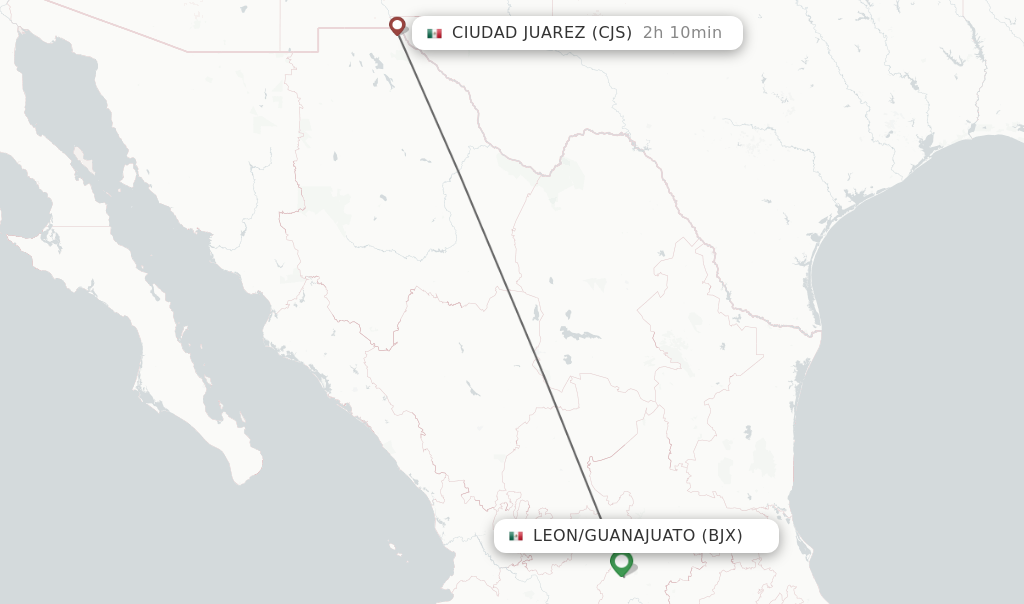 Flights from Leon/Guanajuato to Ciudad Juarez route map