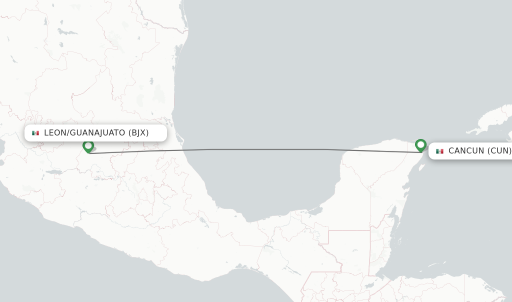 Flights from Leon/Guanajuato to Cancun route map