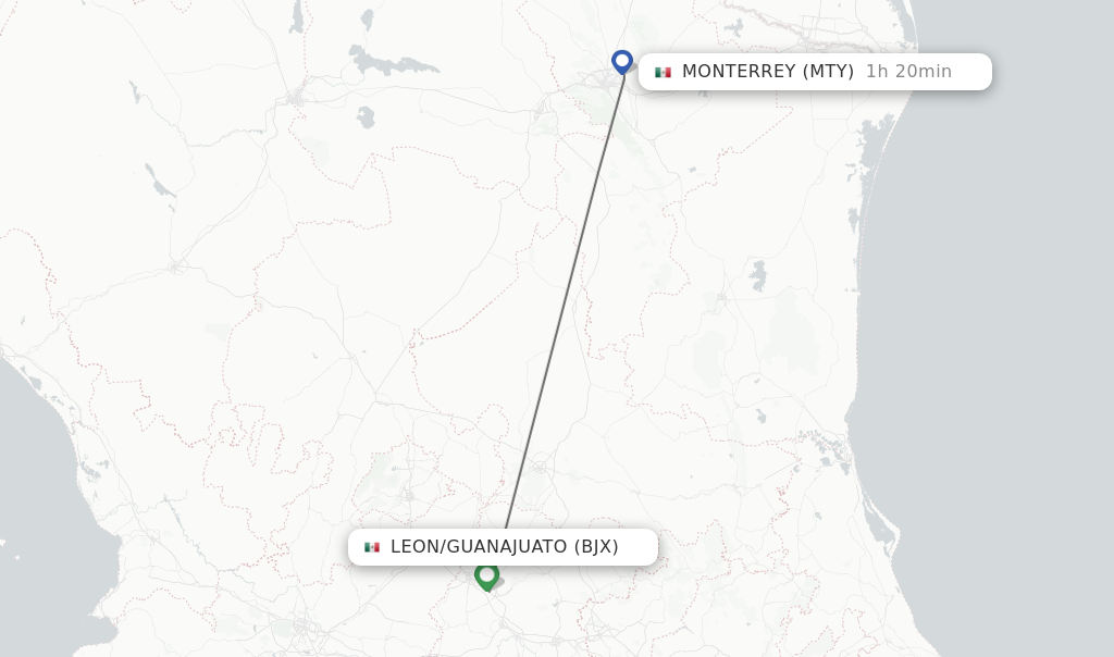 Flights from Leon/Guanajuato to Monterrey route map