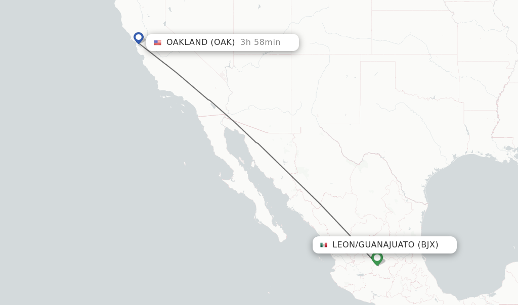 Flights from Leon/Guanajuato to Oakland route map