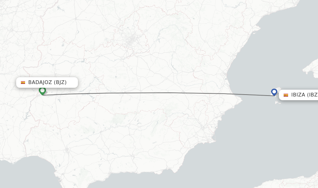 Flights from Ibiza to Badajoz route map