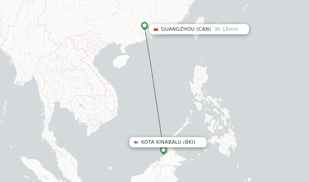 Flights from Kota Kinabalu to Guangzhou route map