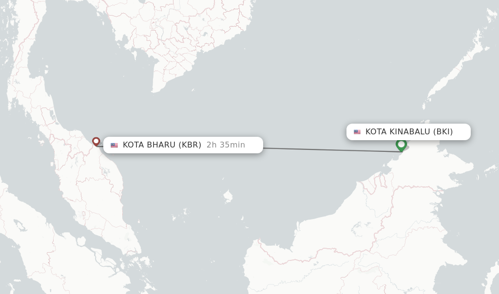 Flights from Kota Kinabalu to Kota Bharu route map