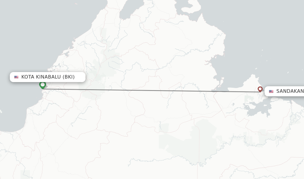 Flights from Kota Kinabalu to Sandakan route map