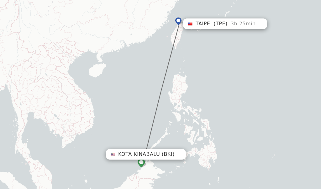 Flights from Kota Kinabalu to Taipei route map