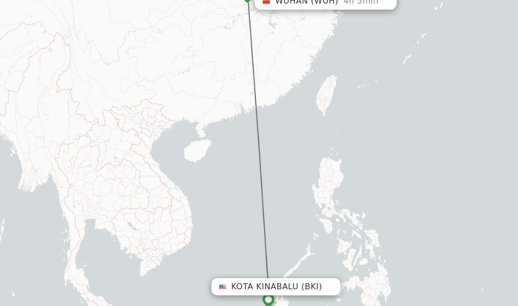 Flights from Kota Kinabalu to Wuhan route map