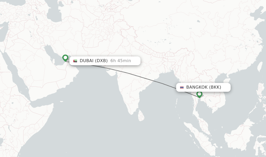 Flights from Bangkok to Dubai route map