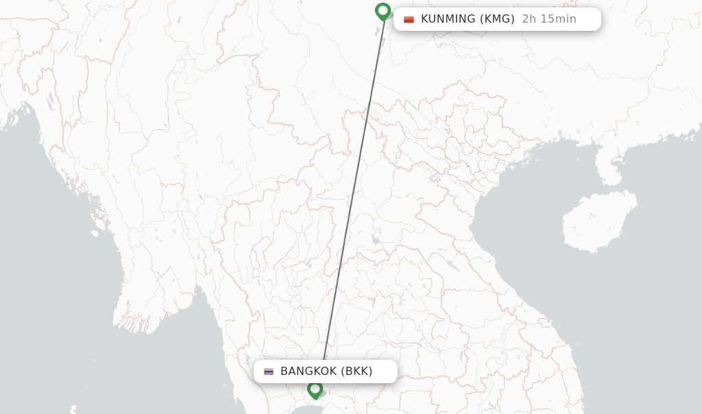 Flights from Bangkok to Kunming route map