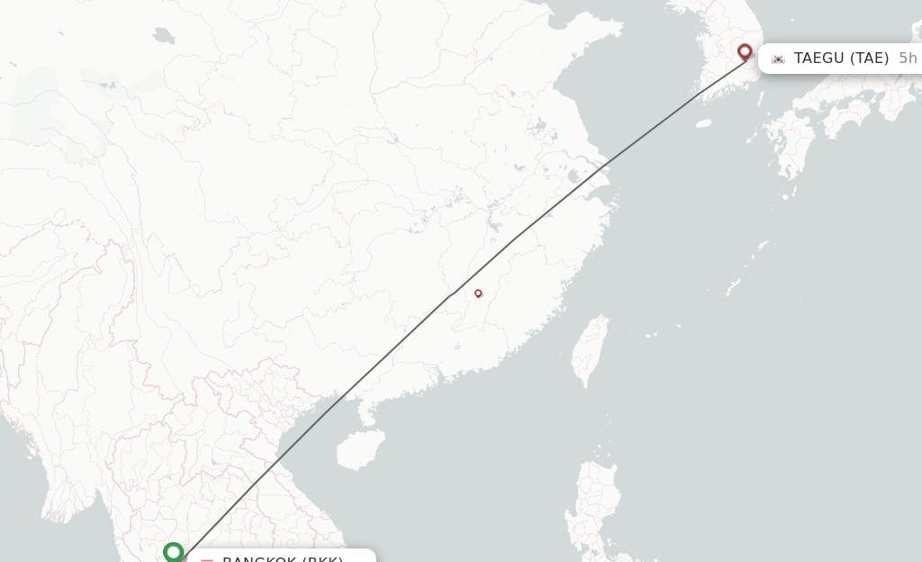Flights from Bangkok to Daegu route map