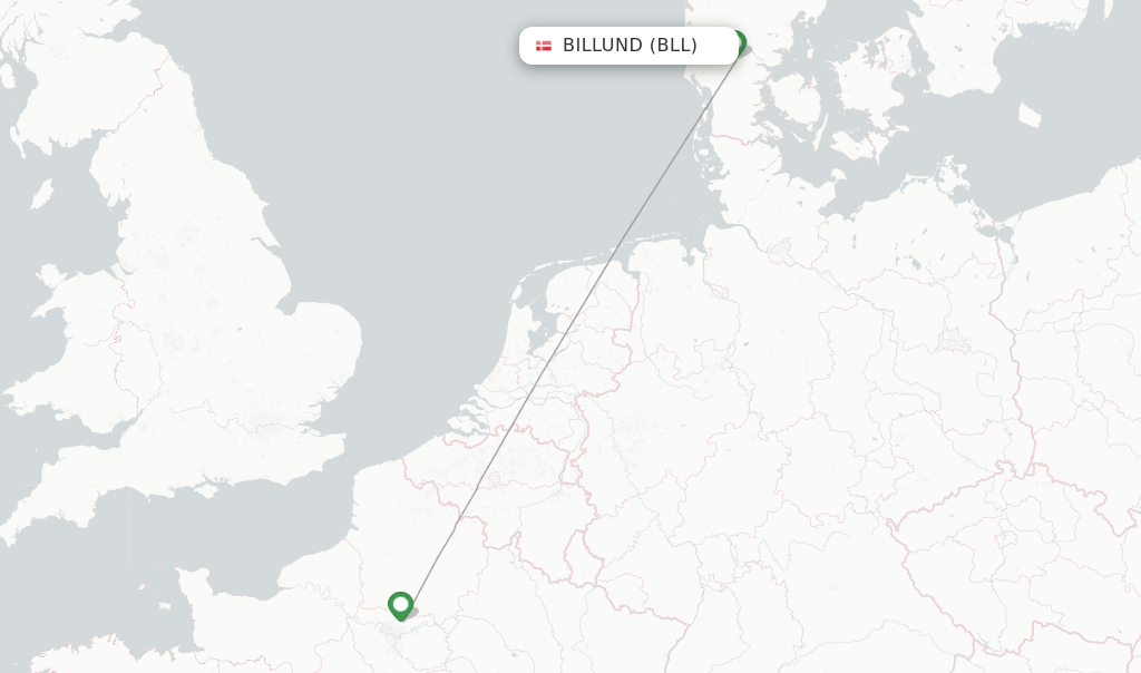 Route map with flights from Billund with Air France
