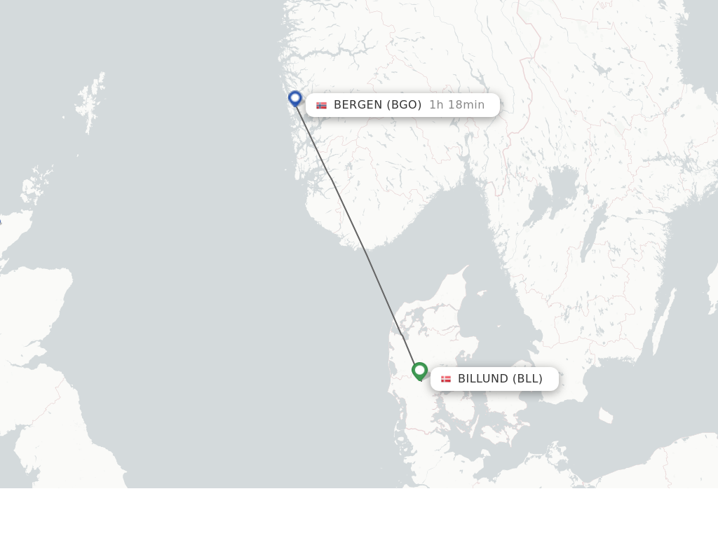 Flights from Billund to Bergen route map