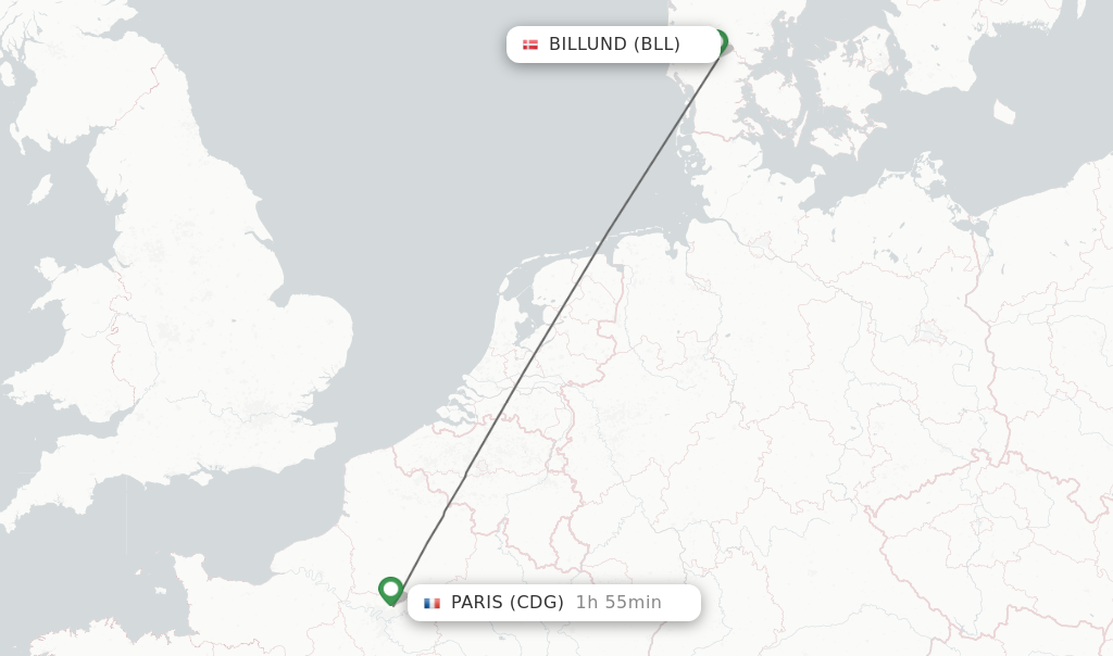 Flights from Billund to Paris route map