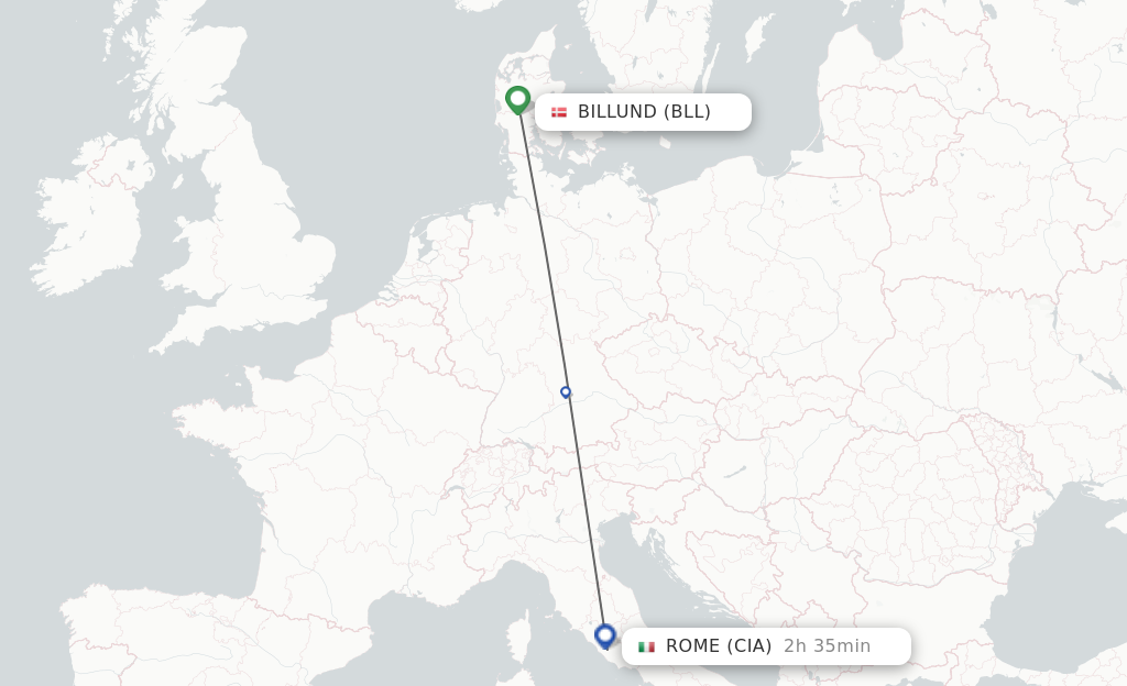 Flights from Billund to Rome route map