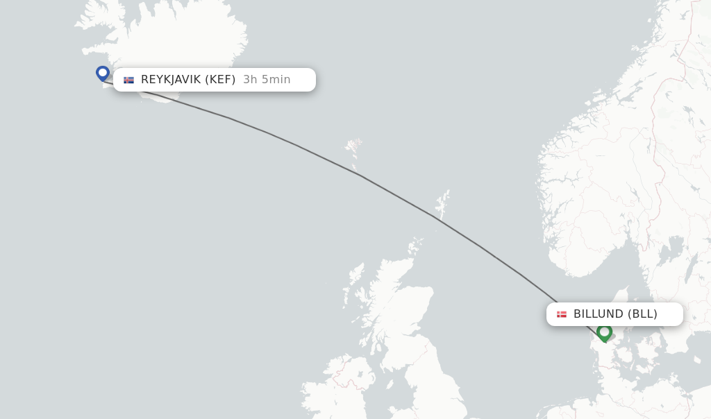 Flights from Billund to Reykjavik route map