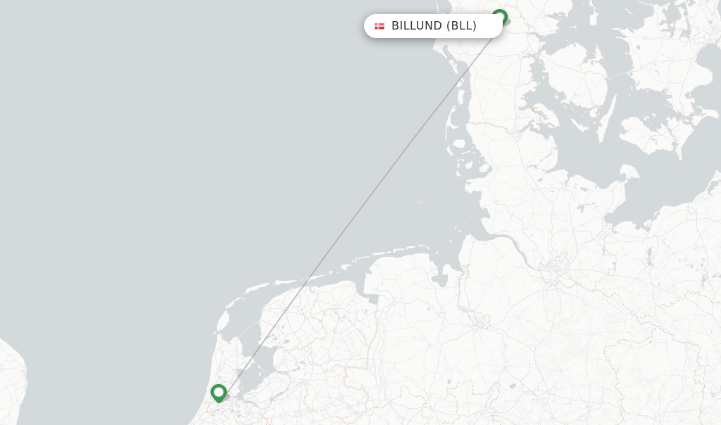 Route map with flights from Billund with KLM