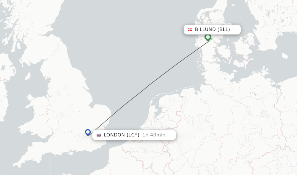 Flights from Billund to London route map