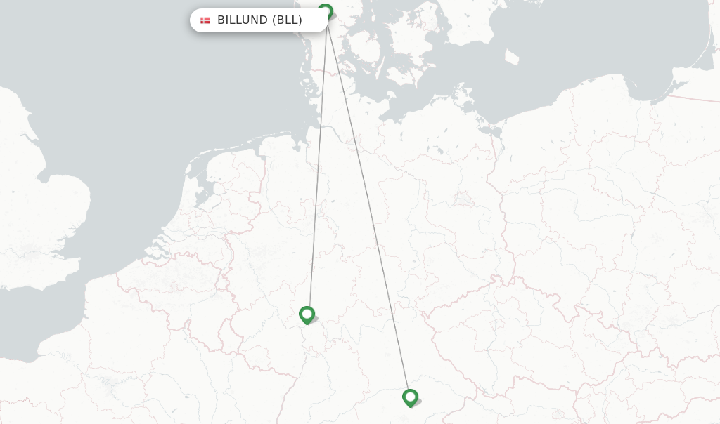 Route map with flights from Billund with Lufthansa