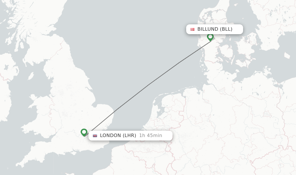 Flights from Billund to London route map