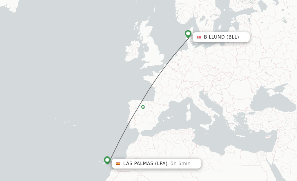 Flights from Billund to Las Palmas route map