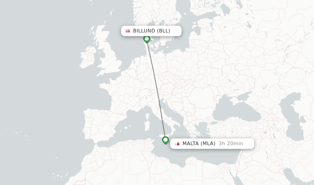 Flights from Billund to Malta route map