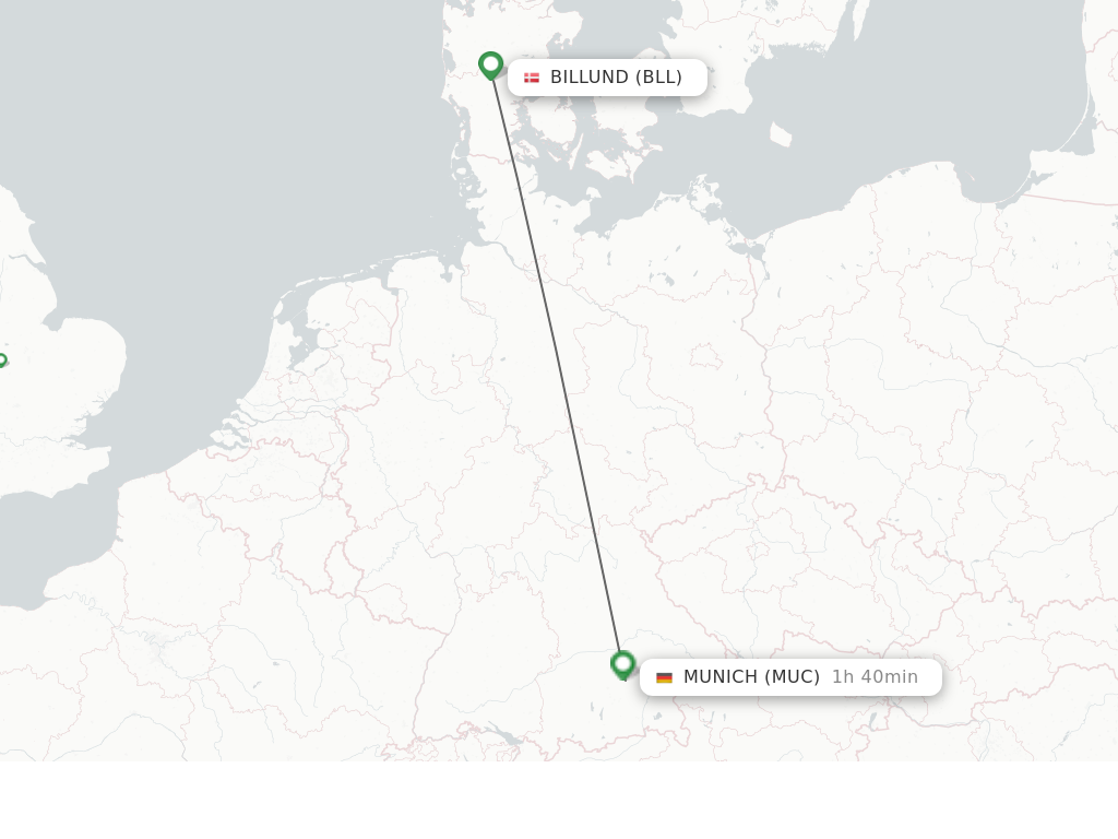 Flights from Billund to Munich route map