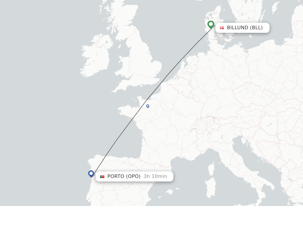 Flights from Billund to Porto route map