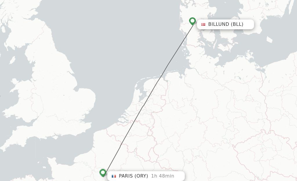 Flights from Billund to Paris route map